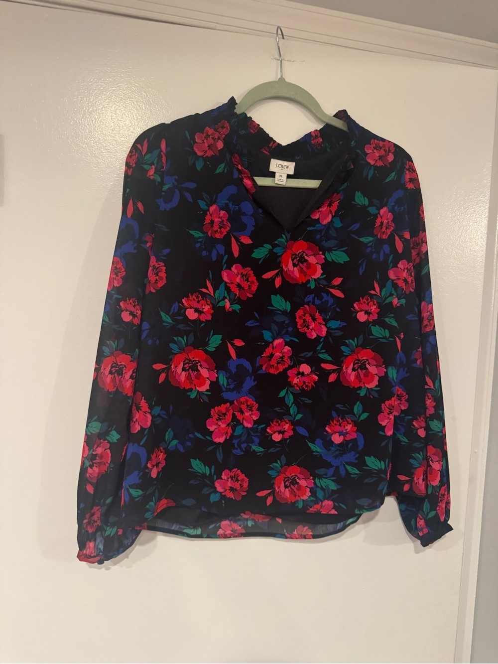 J. Crew Black Blouse with Red and Blue Floral Print